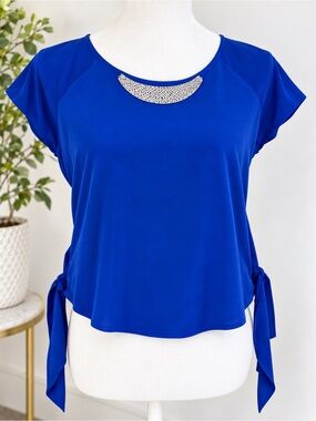 HeartSoul Royal Blue Silver Metal Neckline Open Back Tie Waist Blouse L